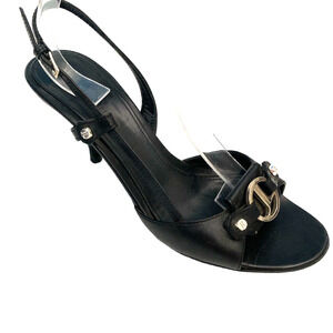 Judith Leiber Sandal Black Leather Slingback Open Toe Silver Logo Slim H…